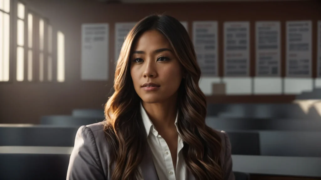 a determined auto crash attorney confidently stands in a sunlit courtroom, surrounded by inspiring testimonials pinned on the walls, symbolizing hope and resilience for clients overcoming adversity.