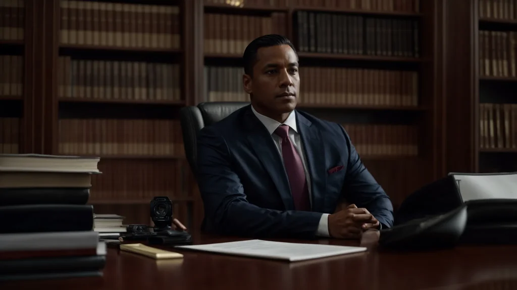 a determined automobile crash attorney stands confidently in a sleek, modern office, surrounded by legal books and documents, as they engage with a concerned client, highlighting the theme of support and guidance in navigating complex legal procedures after an accident.