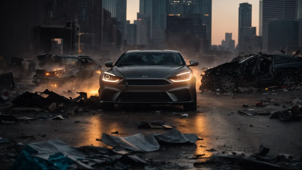 a determined automobile crash attorney examines the accident scene at dusk, surrounded by scattered debris and a glowing city skyline, capturing the essence of resilience and the pursuit of justice.