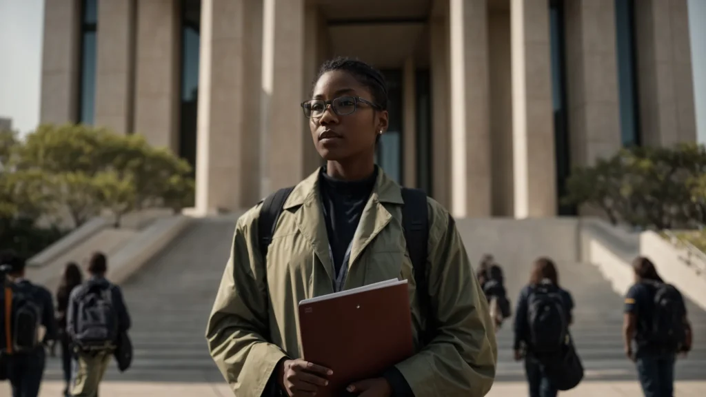 a determined claimant stands confidently in front of a large, modern courthouse, clutching a folder filled with legal resources and surrounded by supportive community members, symbolizing the journey toward securing fair settlements for workplace machinery injuries.