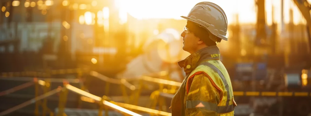 a determined construction worker stands amidst a busy worksite, wearing safety gear and surrounded by machinery, with a backdrop of bright sunlight illuminating the scene, symbolizing resilience and the importance of worker rights after machinery accidents.