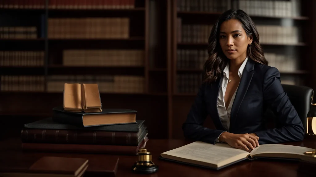 a determined crash attorney sits confidently behind a sleek desk, surrounded by legal books and accolades, bathed in soft, warm lighting that highlights their professionalism and expertise.