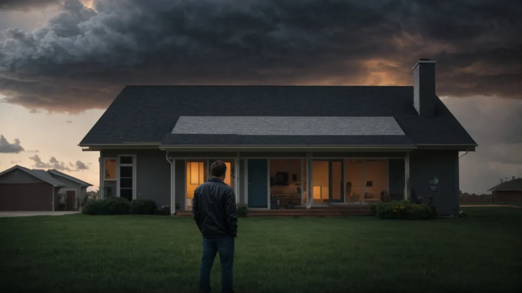 a determined homeowner stands confidently before a towering house, contemplating a complex web of insurance documents against a backdrop of a stormy sky, symbolizing the struggle and empowerment in navigating insurance claims and legal assistance.