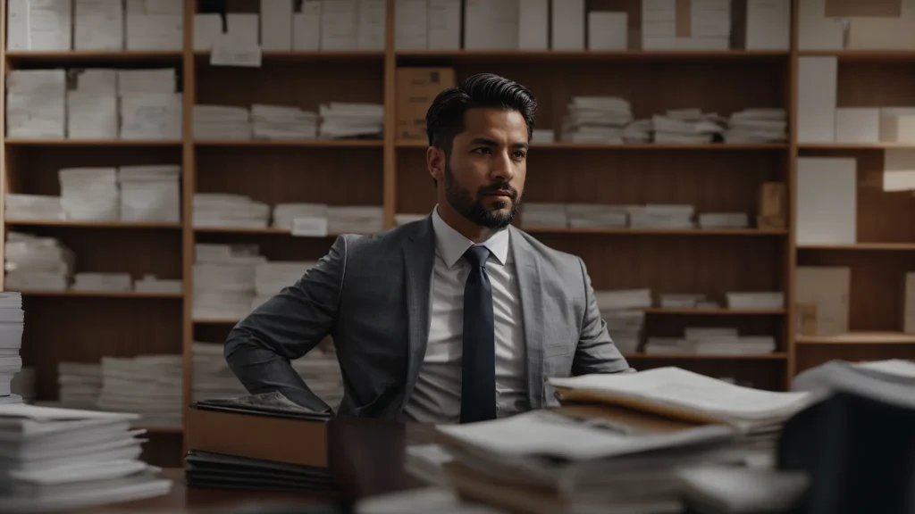 a determined individual stands across from a poised insurance adjuster in a modern office, surrounded by stacks of organized paperwork, conveying the tension and professionalism of negotiating a car accident claim.