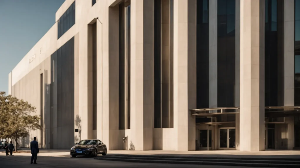 a determined individual stands before a large, imposing regulatory agency building, sunlight casting sharp shadows, symbolizing the quest for justice in the car insurance claims process.