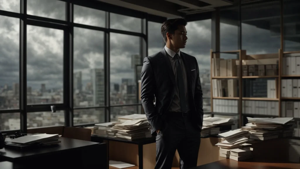 a determined individual stands confidently in an office filled with legal documents and a large window revealing a stormy sky, symbolizing the tumultuous journey of navigating car accident insurance claims amid potential challenges.