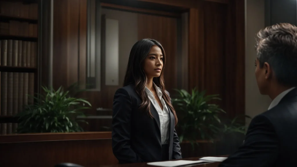 a determined individual stands confidently in front of a law office, surrounded by symbolic imagery of justice and negotiation, embodying the quest for a skilled car accident lawyer to ensure a successful outcome.