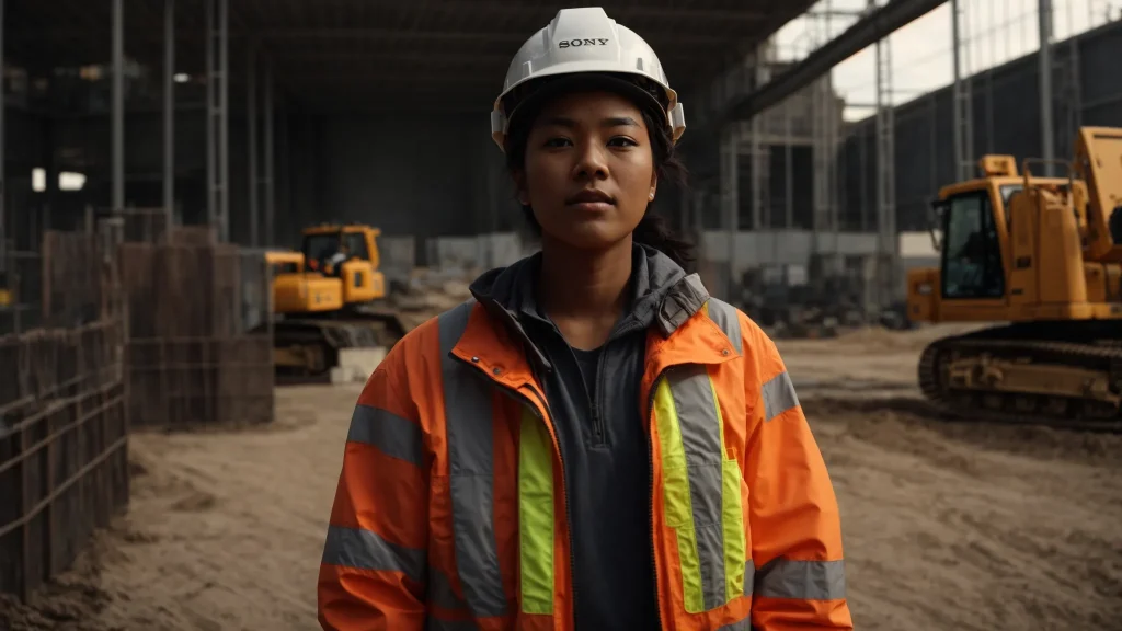 a determined individual stands confidently inside a construction site, surrounded by heavy machinery, with a protective helmet and safety gear, symbolizing resilience and the pursuit of justice for long-term financial impacts from workplace injuries.