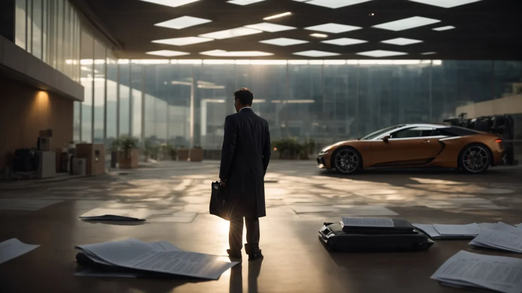 a determined individual stands confidently in front of a sleek car, surrounded by a backdrop of intense paperwork and documents, symbolizing the struggle against a car insurance claim denial under dramatic overhead lighting.