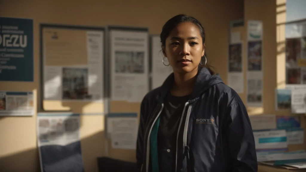 a determined individual stands in a sunlit, serene community support center, surrounded by vibrant posters about workplace safety, legal rights, and resources for injured workers, embodying hope and resilience in their recovery journey.