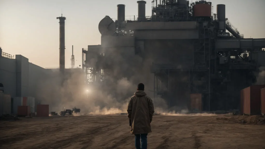 a determined individual stands in front of a towering industrial machine, with a fierce expression symbolizing the struggle for justice and compensation in the aftermath of a workplace injury.