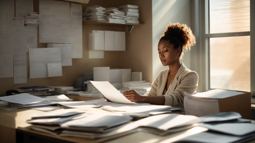 a determined worker sits at a desk surrounded by organized medical records and insurance documents, bathed in soft, natural light filtering through a nearby window, symbolizing empowerment and clarity in managing out-of-pocket costs after an injury.