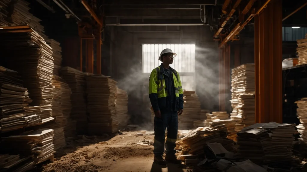 a determined worker stands amidst heavy machinery, surrounded by documents symbolizing the workers' compensation process, illuminated by soft overhead lighting that highlights the gravity of workplace safety and recovery.