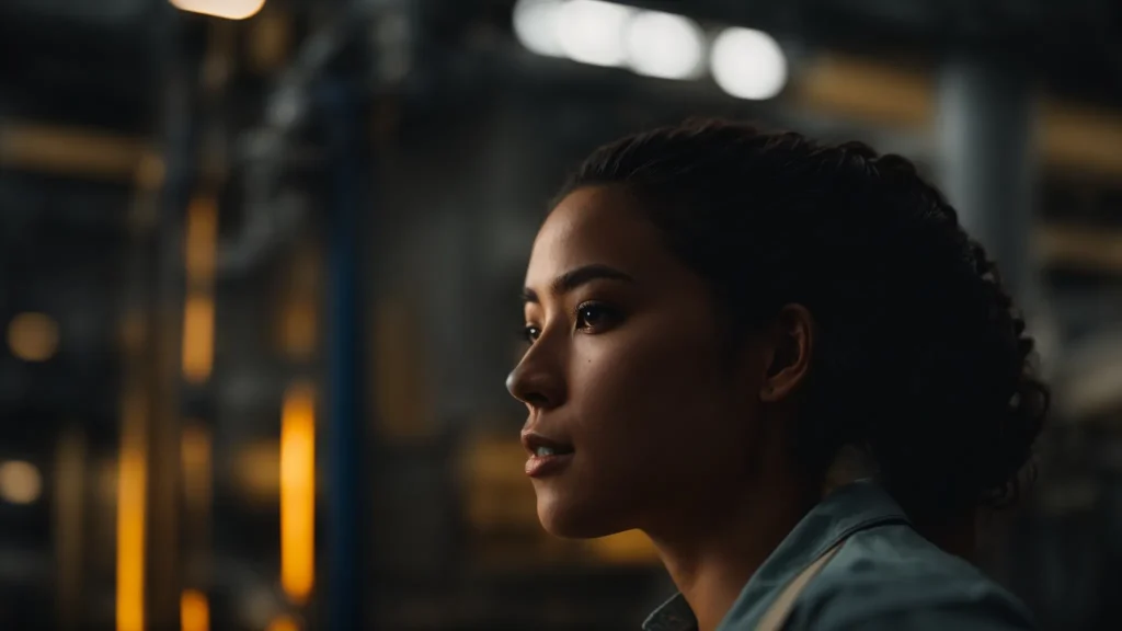 a determined worker stands before a towering piece of industrial machinery, illuminated by soft, natural light, symbolizing the complexities of navigating the claims process for machinery injuries.