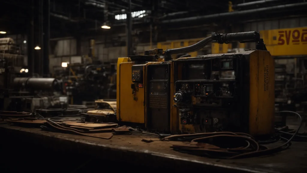 a dimly lit industrial workspace showcases a towering, rusting machine surrounded by caution signs, symbolizing the urgent need for improved safety measures amidst the looming threat of accidents.