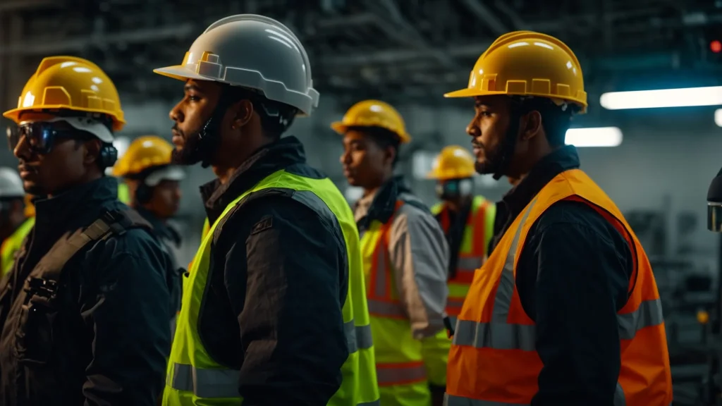 a diverse group of workers attentively engages in a dynamic machinery safety training session, surrounded by safety equipment and informative visuals, under bright, focused lighting that enhances the sense of urgency and importance in promoting a proactive safety culture.