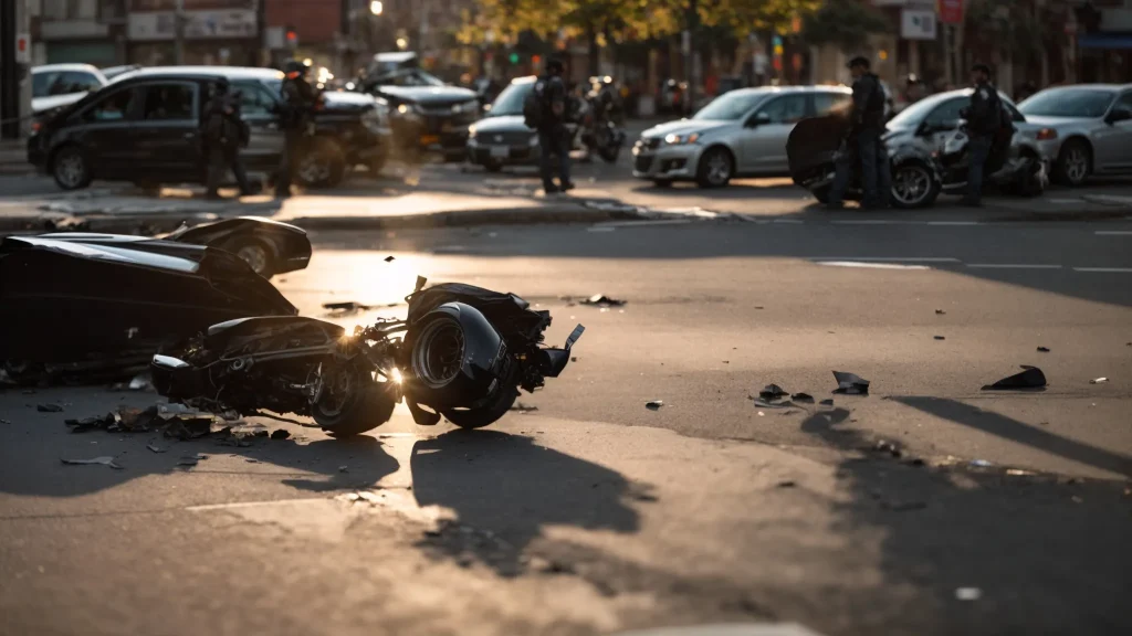 a dramatic and somber accident scene captures a crumpled motorcycle resting against a city curb, with shattered glass glinting in the late afternoon sun and the blurred silhouettes of onlookers gathering in the background.
