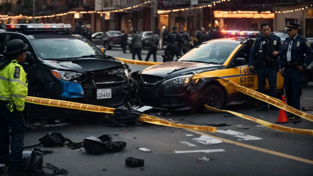 a dramatic car accident scene captures a shattered vehicle amidst police tape and emergency responders, with a backdrop of flashing lights and witnesses sharing intense conversations, vividly highlighting the critical importance of documentation in establishing liability.