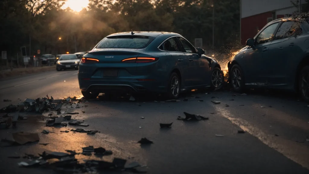 a dramatic car accident scene captures the moment of impact, with debris scattered across the road under the stark glow of twilight, symbolizing the complex layers of comparative negligence in auto accidents.