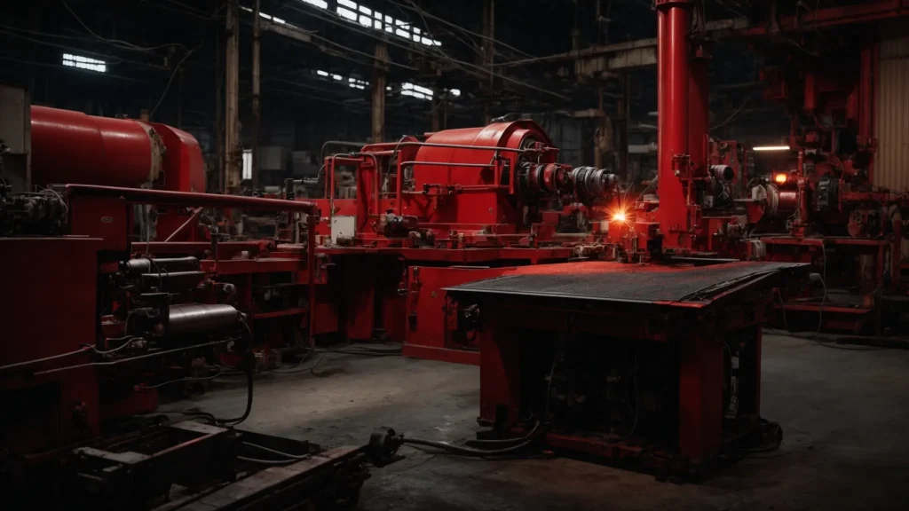 a dramatic close-up captures a dangerously cluttered industrial workspace, highlighting streaks of red on machinery and injured equipment, symbolizing the urgent need for recognizing and addressing symptoms of machinery-related injuries.
