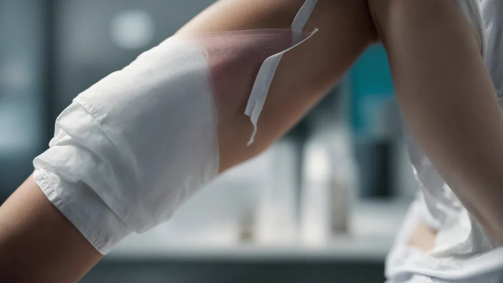 a dramatic close-up of a bandaged arm, glistening with fresh medical supplies, set against a blurred emergency room backdrop, conveys the urgency and importance of seeking immediate care after an injury.