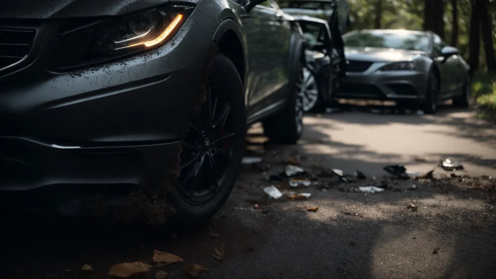 a dramatic close-up of a crumpled vehicle amidst a tranquil accident scene, showcasing the contrast between chaos and calm, under soft, diffused lighting that highlights the importance of understanding additional insurance coverage for better protections and compensation.