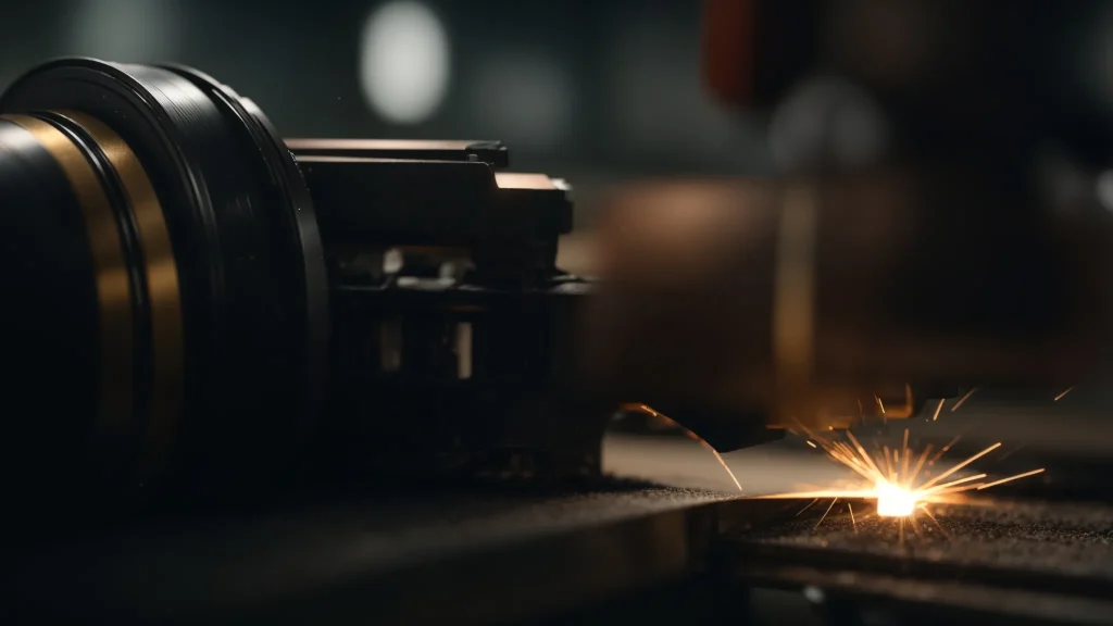 a dramatic close-up of a metallic cutting tool glinting under harsh industrial lighting, highlighting the potential dangers of machinery injuries amidst a blurred backdrop of heavy machinery.