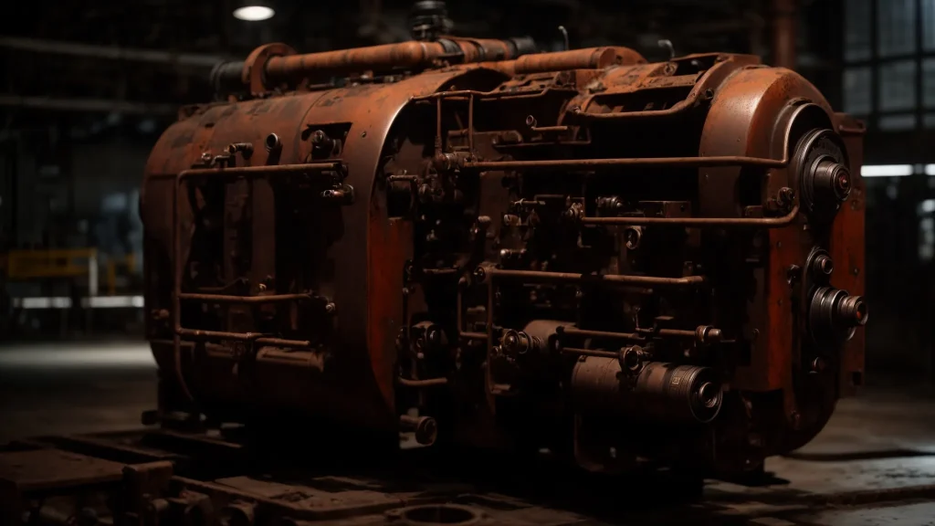 a dramatic close-up of a rusted industrial machine, its worn edges illuminated by stark overhead lighting, symbolizing the hidden dangers of workplace injuries and the critical importance of legal insights surrounding settlement cases.