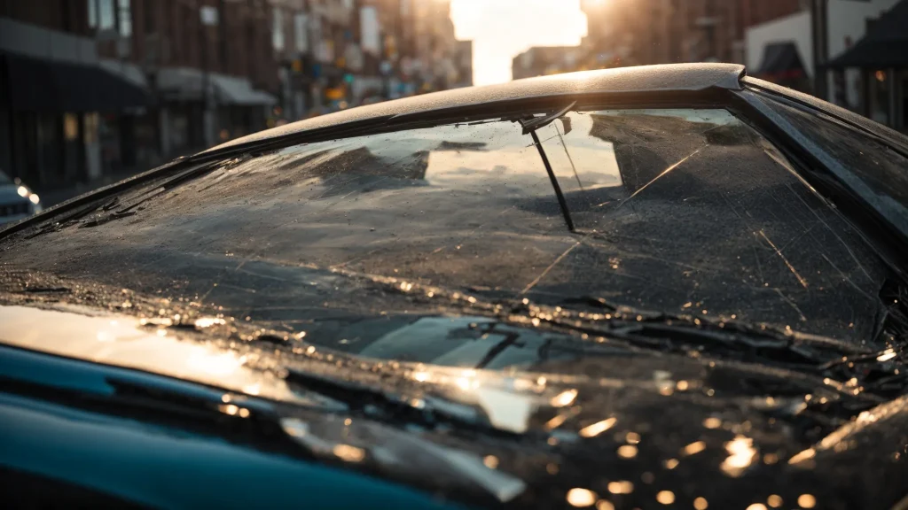 a dramatic close-up of a shattered car's windshield, reflecting a blurred, chaotic urban background under a late afternoon sun, symbolizing the urgency and complexity of gathering evidence after a traffic accident.