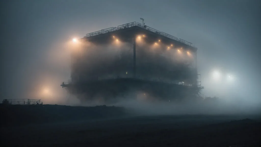 a dramatic construction site shrouded in thick fog, featuring a large piece of machinery looming ominously, symbolizing the hidden dangers of operator error and inadequate maintenance.