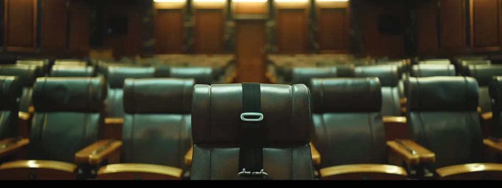 a dramatic courtroom scene captures the tense atmosphere of a personal injury litigation case, with a prominent focus on a seat belt prominently displayed as a symbol of safety compliance, flooded with sharp, dramatic lighting to emphasize the stakes involved in the jurors' decision.