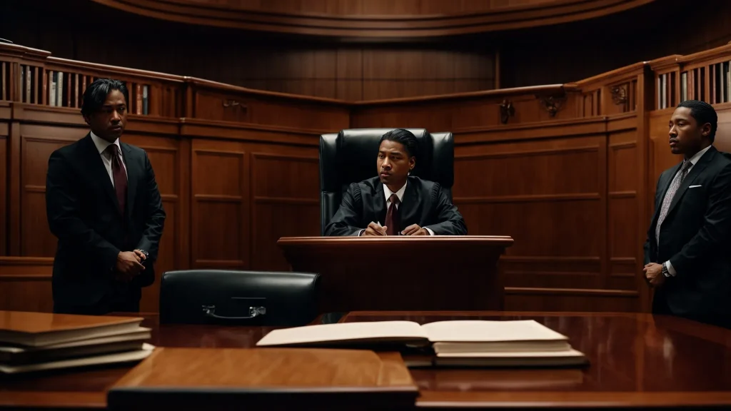 a dramatic courtroom scene captures a pivotal moment during a traffic safety lawsuit, with intense expressions illuminating the faces of legal experts as they present compelling testimony against a backdrop of law books and legal documents.