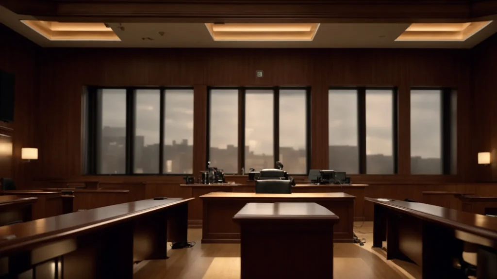 a dramatic courtroom scene captures a solemn judge presiding over a tense auto accident trial, where the clash of persuasive arguments and the weight of legal nuances surrounding comparative negligence unfold under stark overhead lighting.