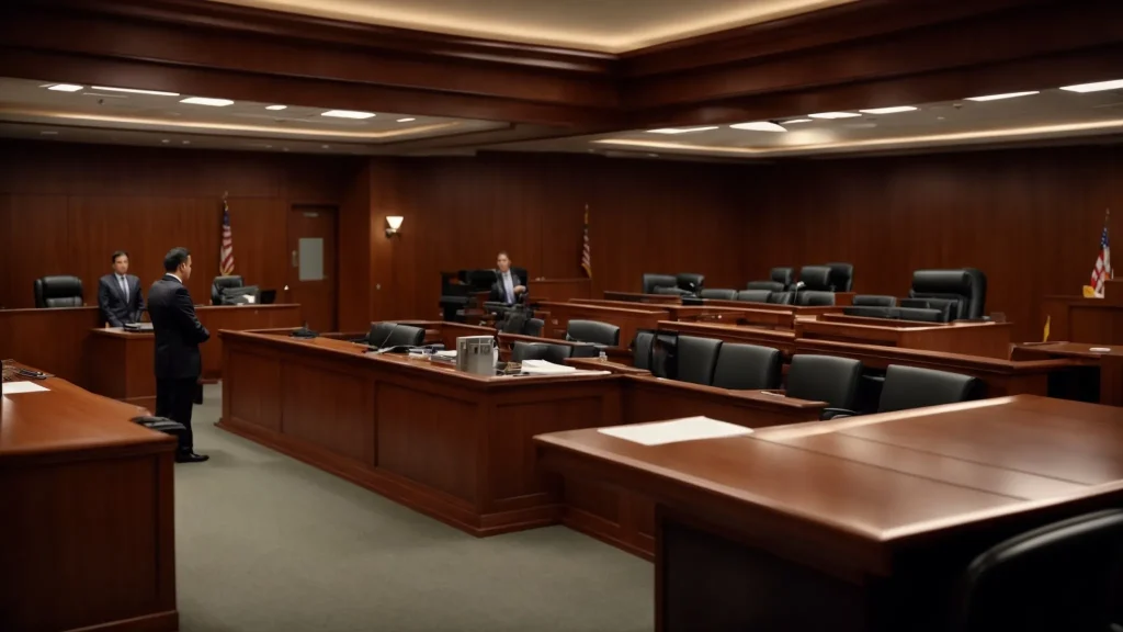a dramatic courtroom scene captures a tense moment as a determined attorney presents compelling evidence, including vivid traffic camera footage and impactful witness testimonies, under stark, illuminating overhead lights.