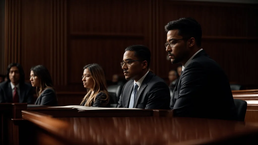 a dramatic courtroom scene illuminated by soft, focused lighting, showcasing a confident attorney passionately presenting a personal injury case, with attentive jurors and a judge silhouetted in the background, embodying the complexities of local personal injury law.