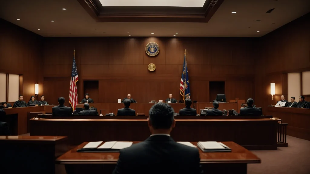 a dramatic courtroom setting captures a tense moment as a judge presides over a traffic offense case, illuminated by stark overhead lighting, highlighting the gravity and significance of legal repercussions.