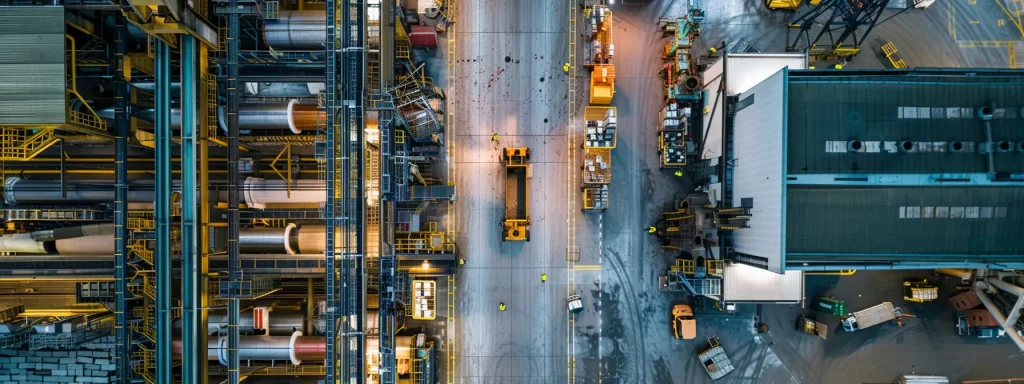 a dramatic, high-angle view of a bustling industrial workplace, highlighting a steel machine in the foreground surrounded by workers in safety gear, symbolizing the critical importance of employee safety and support in the aftermath of machinery accidents.