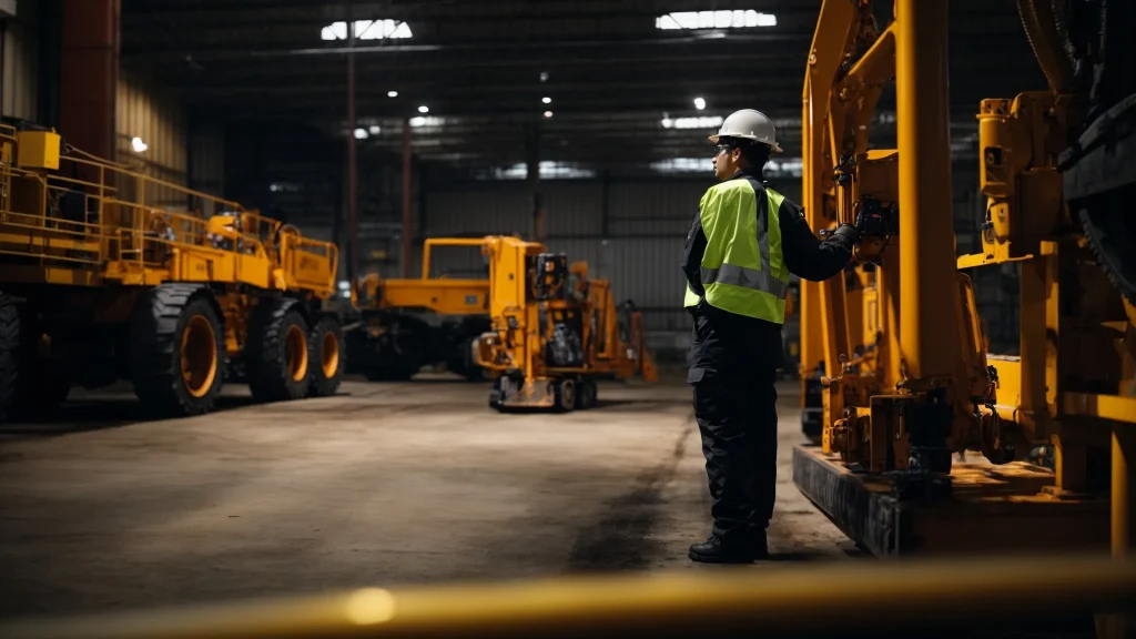 a dramatic, high-contrast image of a safety officer inspecting heavy machinery in a well-lit industrial setting, capturing the essence of workplace safety and compliance through a lens of vigilance and professionalism.