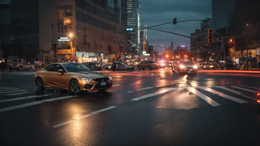 a dramatic image captures a busy city intersection with a minor car accident in the foreground, highlighting concerned bystanders and illuminated traffic signals, symbolizing the urgency and complexity of accident reporting laws.
