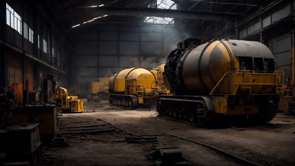 a dramatic industrial scene captures a broken piece of heavy machinery amidst a dimly lit workshop, emphasizing the looming financial burdens and operational chaos following equipment-related accidents.