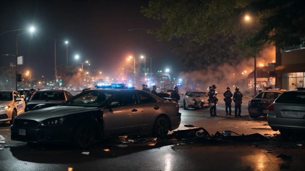 a dramatic scene captures a car accident aftermath on a busy street, with police officers diligently documenting the event under bright overhead lights, emphasizing the importance of proper reporting for insurance claims amidst the chaos.
