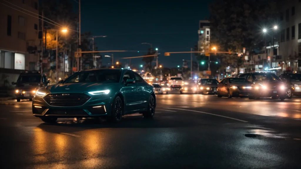 a dramatic scene captures a lone car stalled at the edge of a busy intersection, illuminated by flashing emergency lights, symbolizing the critical importance of understanding local car accident reporting regulations amidst the chaos of the urban landscape.