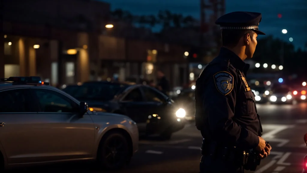a dramatic scene captures a police officer issuing a ticket to a driver beside a stopped vehicle, illuminated by the flashing lights against a twilight backdrop, symbolizing the serious consequences of breaking traffic laws.