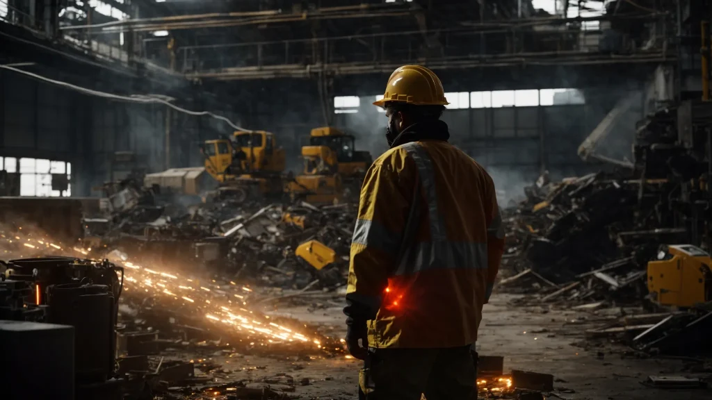 a dramatic scene captures a worker in protective gear standing amid a chaotic industrial setting, illuminated by harsh overhead lights, as shattered machinery parts lie strewn across the floor, symbolizing the dangers of workplace accidents.