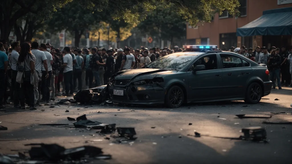 a dramatic scene captures the aftermath of a car accident, with flashing police lights illuminating the damaged vehicles while a concerned crowd gathers to witness the legal processes unfolding.