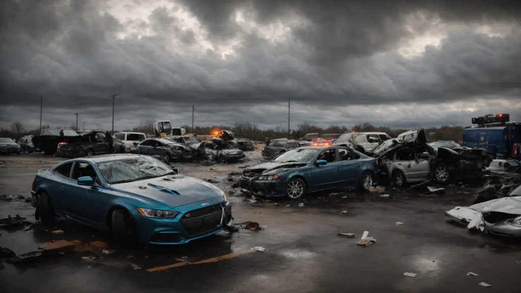 a dramatic scene captures the aftermath of a car accident, showcasing the damaged vehicles surrounded by debris under a cloudy sky, with police officers documenting the incident and a tow truck arriving in the background.