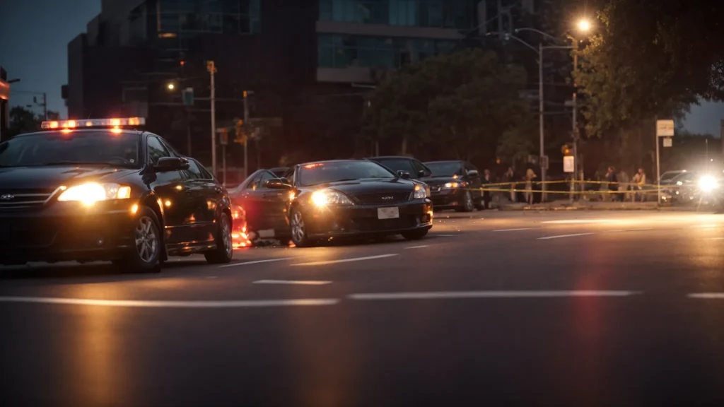 a dramatic scene depicting a busy intersection with a tangled car accident, illuminated by flashing emergency lights, where the focus is on a lawyer discussing liability with concerned drivers in the foreground, capturing the essence of comparative negligence in auto accidents.