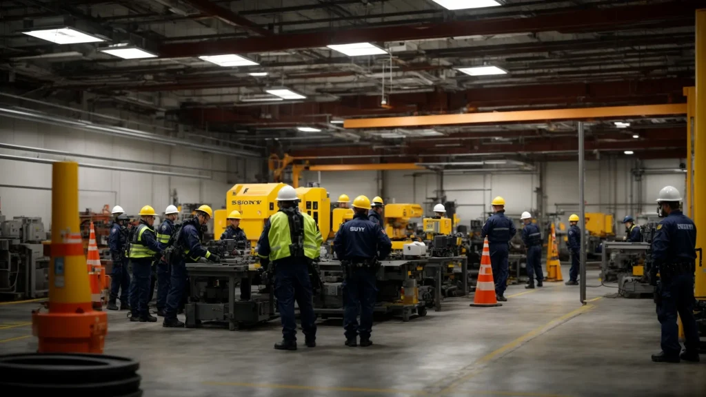 a dramatic scene inside an industrial workplace captures employees engaged in a high-stakes emergency drill, with vivid safety equipment prominently displayed and focused expressions reflecting their preparedness to respond to potential machinery-related accidents under bright overhead lighting.