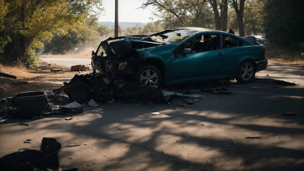 a dramatic scene of a car accident aftermath, with prominent wreckage and contrasting shadows, symbolizing the complexities of comparative and contributory negligence in determining liability.