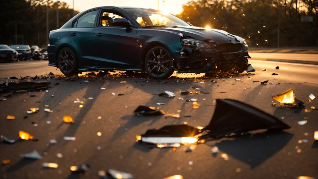 a dramatic scene of a car accident on a busy indiana road, with shattered glass and debris scattered across the asphalt, illuminated by the golden glow of sunset, evoking the urgency and complexity of understanding fault and liability in such incidents.